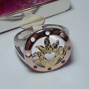 Tri-Color Heart center tree of life Sterling Silver/14Kt Rose & Y/Gold Ring16884